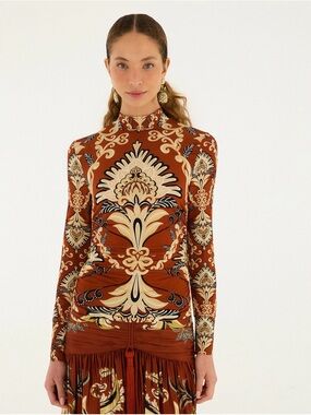 NEW! FARM Rio Orange Arabesque Paradise Long Sleeve Blouse - Size Medium